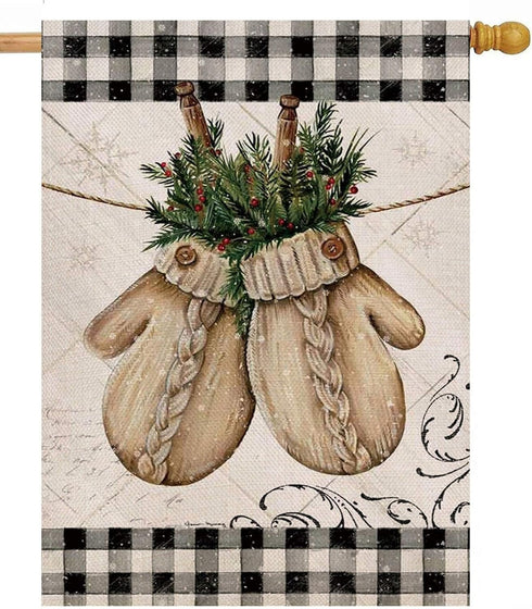 Winter Gloves Home Decorative House Flag Buffalo Plaid Check Farmhouse Garden Yard Outdoor Large Burlap Flag Sign Christmas Outside Decoration Xma...