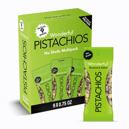 Wonderful Pistachios No Shells, Roasted & Salted Nuts, 0.75 Ounce Bag (Pack of 9), Protein Snacks, Gluten Free, On-the-Go, Individually Wrapped Sn...