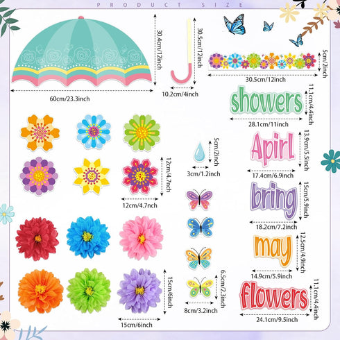 TaoBary 96 Pcs April Showers Bring May Flowers Bulletin Board Cutouts with 3D Tissue Paper Flower Spring Bulletin Board Classroom Decoration for S...