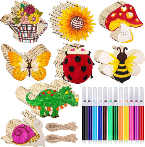 AurGun 40Pcs Unfinished Wooden Cutouts, Spring 8 Styles Wood Butterfly Flower Bee Slices, Blank Wooden Paint Crafts, DIY Wooden Paint Crafts for K...