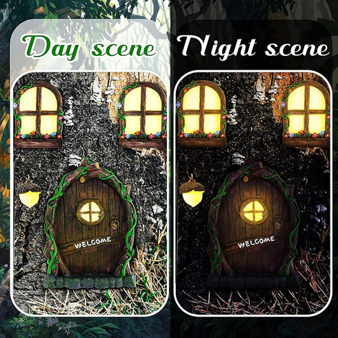 Resin Fairy Door & Window Set with Glow in The Dark Windows, Miniature Sculpture for Trees, Outdoor Decor Accessories...