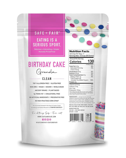 Safe + Fair Birthday Cake Granola - Gluten-Free, Dairy Free and Vegan Breakfast, Snack or Dessert - Free From Top 9 Allergens, Trans Fat and Artif...