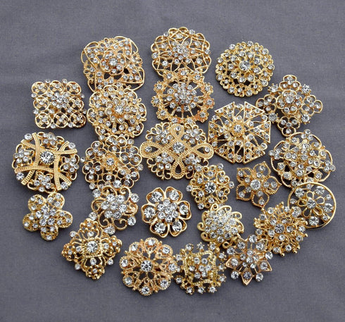 24 pcs Gold Rhinestone Brooch Crystal Brooch Wedding Invitation Cake Decoration Brooch Bouquet Kit Wholesale AMBR680...