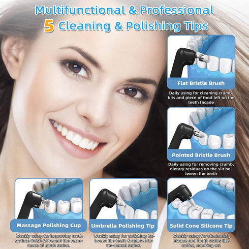 Electric Tooth Polisher, Multifunctional Replacement Head Teeth Cleaning Kit for Fighting Tooth Smoke and Tea Stains, USB Charging, Waterproof (Bl...