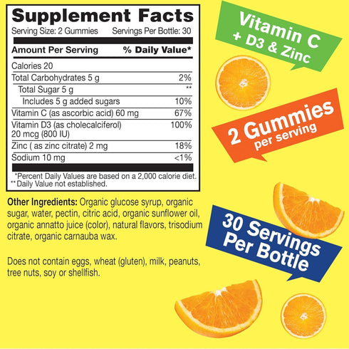 Organic Vitamin C + D3 + Zinc Gummies - Immune Boosting, Antioxidant-Rich, and Bone Health Supporting, USDA Organic, Vegan, and Non-GMO - Gluten-F...