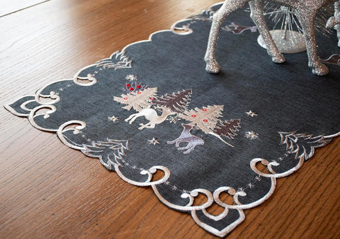 Embroidered Christmas Holiday Silver Reindeer & Christmas Scene on Dark Gray Rectangle Table Runner, Dresser Scarf (16Wx33L)...