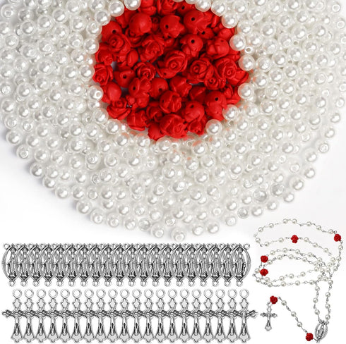 1220 Pcs Rosary Making Supplies Include 1060 Pcs Rosary Pearl Beads 120 Pcs Carved Rose Beads 20 Pcs Rosary Cross Centerpiece 20 Pcs Crucifix Meda...