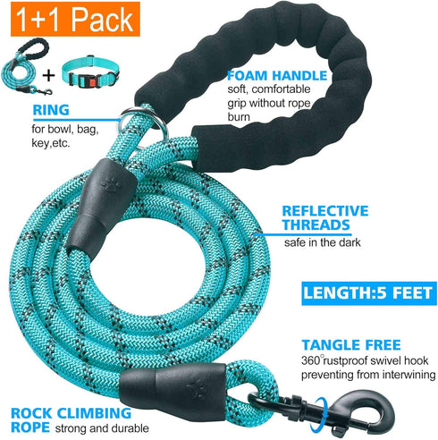 Heavy Duty Dog Leash - Comfortable Padded Handle, 5 ft Long - Dog Leashes for Small Medium Large Dogs (Leash+Collar M Neck 16"-20", Blue)...