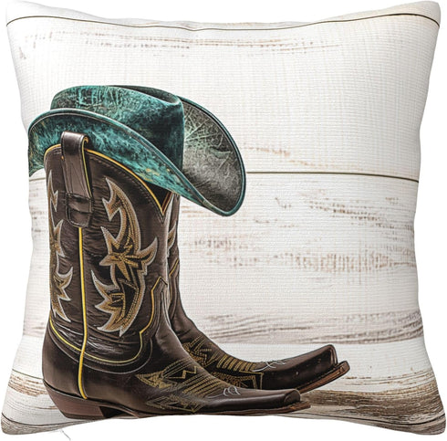 Western Cowboy Hat and Cowgirl Boots Decorative Throw Pillow Covers 18x18 Inch Pillows Case Square Cushion Cover Standard Pillowcase for Sofa Couc...