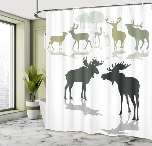 Ambesonne Antlers Shower Curtain, Elk Deer and Fawn Silhouette Forest at The Background World Natural Habitat Theme, Cloth Fabric Bathroom Decor S...