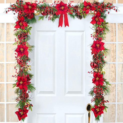 DearHouse 5.3 Ft Berry Christmas Garland, Artificial Poinsettia Garland with Red Berries and Holly Leaves, Pine Cone Garland for Winter Holiday Ne...