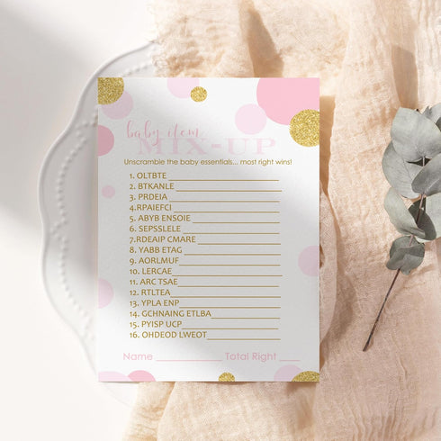 Paper Clever Party Pink and Gold Baby Shower Games for Girls - Word Scramble Cards - Fun Baby Shower Activities - Princess Theme with Twinkle Litt...