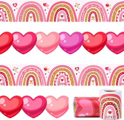 2 Rolls 66ft Valentines Day Bulletin Board Borders Pink Red Love Heart Boho Rainbow Decorations Paper Border Trim for Classroom School Blackboard ...