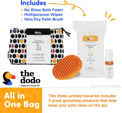 The Dodo All-in-One Dog Grooming Kit, Includes No Rinse Bath Foam, Wipes, and Wet/Dry Brush; Vegan, Cruelty-Free and Contains no DEA, MEA, SLS or ...