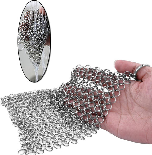 Cast Iron Scrubber 316 Stainless Steel Skillet Cleaner 8"x6" Chainmail Scrubber Scraper Chain Mail Link Scrub for Cast Iron Pre-Seasoned Pans, Gri...