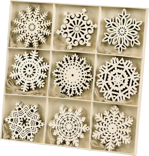 Sggvecsy Unfinished Wooden Snowflakes Ornaments, 36Pcs Christmas Tree Hanging Decoration Wood Cutouts DIY Craft Snowflake Shaped Embellishments Xm...
