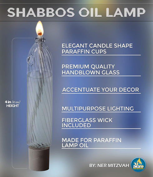Ner Mitzvah Glass Paraffin Shabbat Candle Holder Cup and Wick – Lined Candle Shape – Fits All Standard Candlesticks - Use with All Lamp Oil - No M...