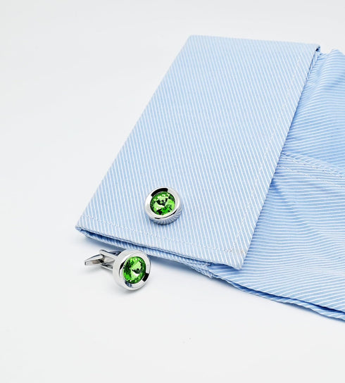 Round Green Crystal Men's Cufflinks In Gift Case Classic Round Silver Crystals Cufflinks for Men Jewelry for Wedding Party Business Birthday Anniv...