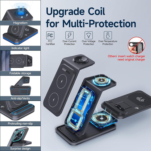 3 in 1 Charging Station for Apple,Foldable Fast Wireless Charger for iPhone Travel Charging Station for iPhone 15/14/13/12/11/X/XS/XR 8,iWatch Ult...