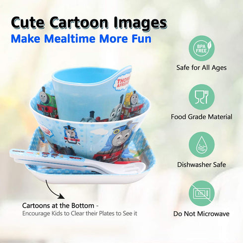 Thomas Transport Fans 5 Pcs Set Cartoon Durable Tableware Meal Dishes Mealtime Food Feeding Eating Set includes Dinner Serving Bowl Plate Cup with...