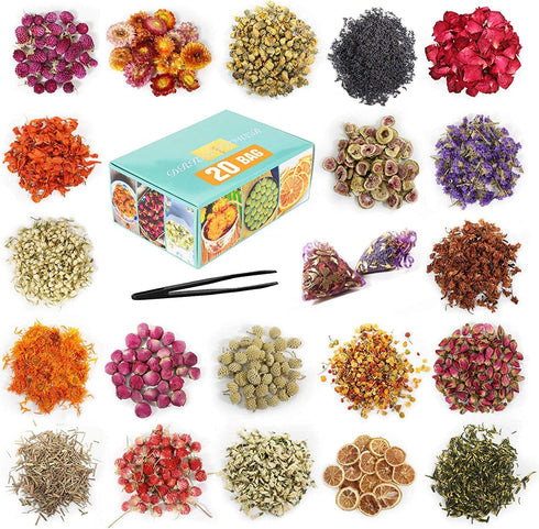20 Bags Dried Flowers,100% Natural Dried Flowers Herbs Kit for Soap Making, DIY Candle Making,Bath - Include Rose Petals,Lavender,Don't Forget Me,...