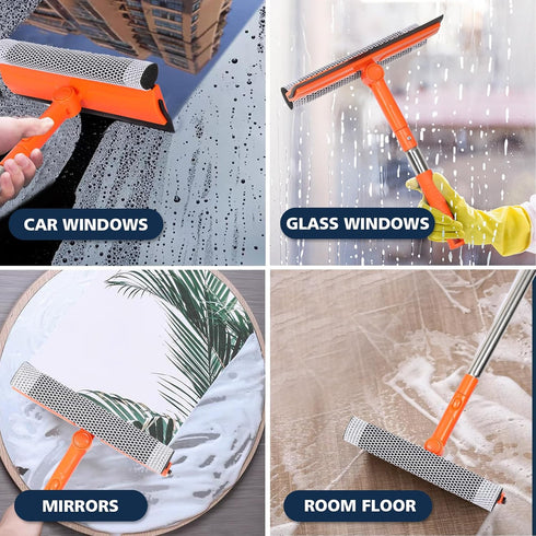 Professional Window Squeegee,2 in 1 Squeegee Window Cleaner with Long Stainless Steel Handle,Sponge Car Window Squeegee for Gas Station, Glass,Sho...