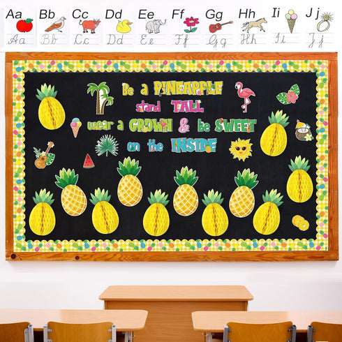 70 Pcs Summer Bulletin Board Decorations Set Tropical Pineapple Classroom Decor with Pineapple Honeycomb Ball Flamingo Palm Tree Flower Cutouts Bo...