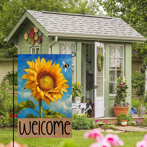4TH Emotion Summer Sunflower Garden Flag 12x18 Double Sided for Outside, Spring Welcome Bumble Bee Small Burlap Yard Flag for Outdoor Holiday Deco...