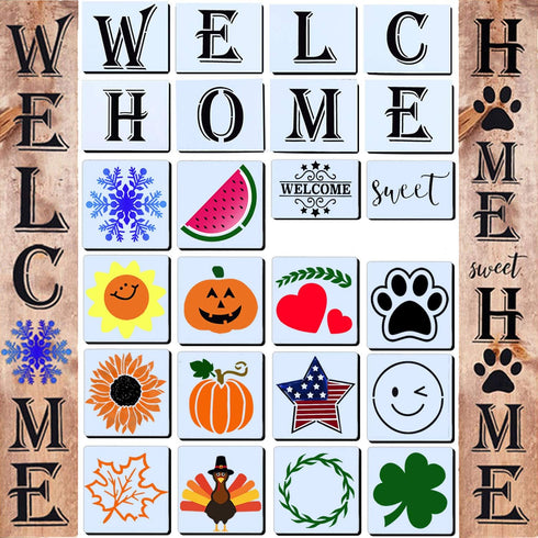 24 Welcome stencil for painting on wood,Home Sign mini Stencils Reusable Porch Sign and Front Door Vertical Welcome Comes with Stencil-Sunflower,D...