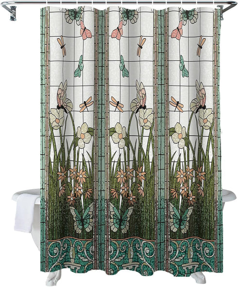 Flower Dragonfly Waterproof Bathroom Fabric Shower Curtain Bath Curtain Extra Long Shower Curtain 84 inch...