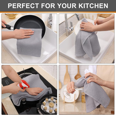 Kitinjoy 100% Cotton Waffle Weave Kitchen Dish Towels, 4-Pack Super Soft and Absorbent Kitchen Towels, 13 in x 28 in, Light Grey...