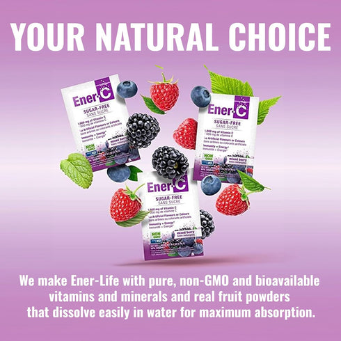 Ener-C Sugar Free Energy Mixed Berry Multivitamin Drink Mix Vitamin C 1000mg & Electrolytes - Natural Immunity Support with Real Fruit Juice Powde...