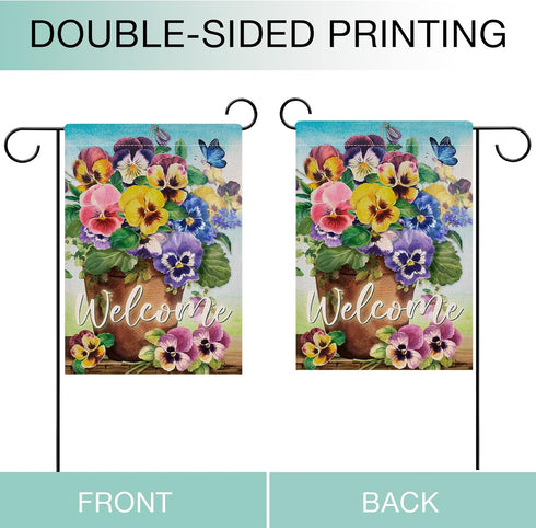 Welcome Spring Pansy Floral Garden Flag Double Sided, Flower Pot Arrangement Decorative House Yard Lawn Outdoor Small Decor, Summer Holiday Butter...