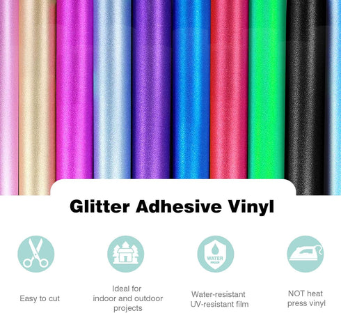 DoreenBow 12 Sheets Glitter Adhesive Vinyl for Craft Colorful Adhesive Permanent Vinyl Sheets with 2pcs High Tack Transfer Paperm,Permanent Adhesi...