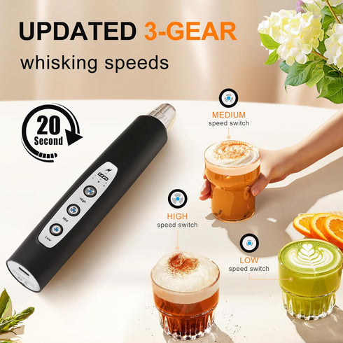 YUSWKO Black Handheld Milk Frother Wand for Coffee, Rechargeable Electric Whisk with 3 Heads 3 Speeds Drink Mixer Coffee Frother For Latte, Cappuc...