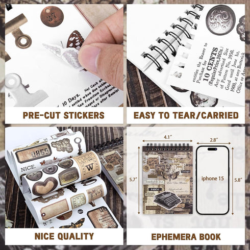 595PCS Vintage Washi Sticker Book for Scrapbookling - 50 Sheets Brown Pre-cut Journaling Stickers, Ephemera for Junk Journal Supplies DIY Crafts A...