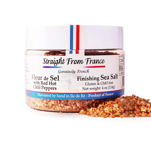 Straight from France French Fleur De Sel Finishing Sea Salt with Red Pepper 4 Oz...