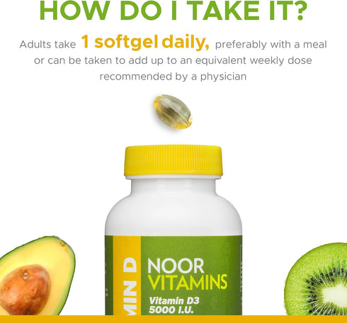 Noor Vitamins Halal Vitamin D, Halal Vitamin D3, 5000 IU Softgels, Supports Bone, Immune & Heart Health, from Safflower Oil to Maximize Absorption...