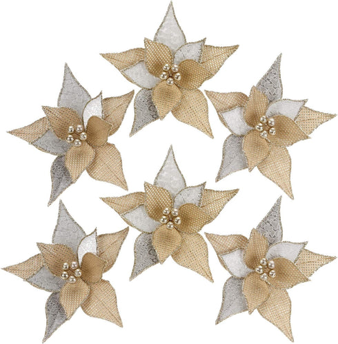 Sea Team 6-Pack Artificial Glitter Poinsettia, Flower Sticks, Christmas Flower Ornaments, Floral Stems, Picks, Branches, Xmas Tree Decorations for...
