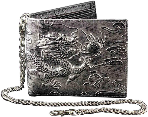 Mens Dragon Vintage Silver Grey Leather Wallet Card Holder Purse With Chain...