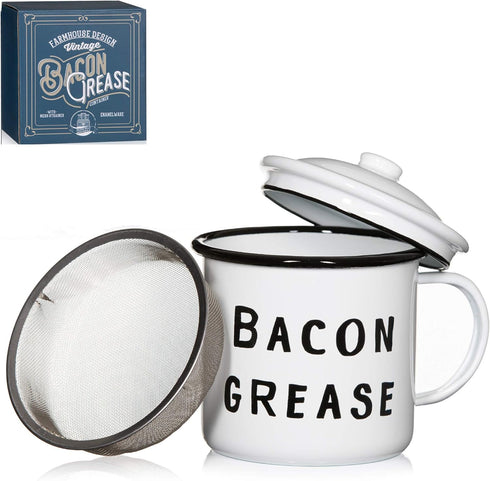 Golden Hills Mercantile Bacon Grease Saver with strainer - rustic mid-century modern farmhouse design, white enamel on metal, 4 inch x 4 inch vint...