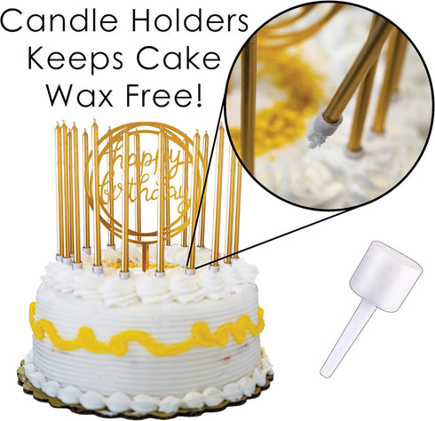 24 Count Tall Thin Metallic Gold Slow Burning Birthday Candles in Holders, and Matching Classy Cake Topper for Special Custom Birthday Cake Cupcak...