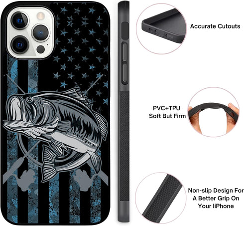 Camo American Flag Bass Fishing Gift Love Fishing Fisherman Case - Compatible with iPhone 14 Pro - Durable Non-Slip TPU Rubber Shockproof Slim Cas...