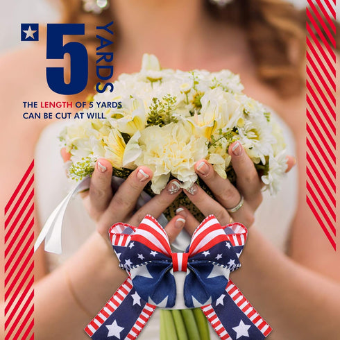 5 Rolls Star Wired Edge Ribbon 2.5 Inch Patriotic Stars Stripes Satin Ribbon 4th of July Grosgrain Halloween Thanksgiving Christmas Decoration for...