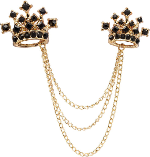Knighthood Brooch Pin Black Stone With Golden Crown Crystal Chain Brooch Suit Stud Lapel Pin...