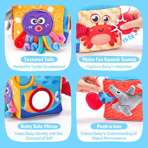 hahaland Baby Tissue Box Toy - Baby Toys 6-12 Months Montessori Toys for 6 Month Old Toys with Textured Tails, Cloth Tissues, Crinkle, Squeaky Sou...