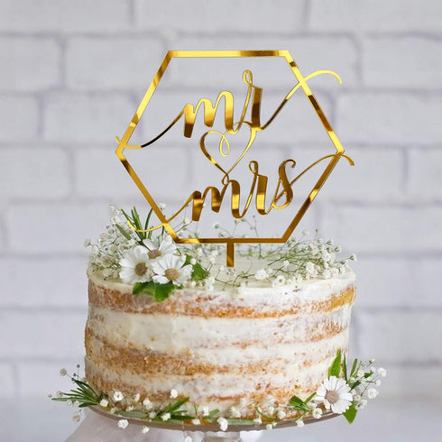 Larger Size Acrylic Mirror Gold Hexagon Elegant Handwriting Mr and Mrs Cake Toppers, Wedding, Bridal Shower, Engagement, Anniversary Monogram Cake...