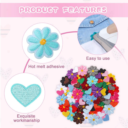 Xinnun 120 Pcs Iron on Patches, Cute Daisy Flower Heart Patch Small Embroidery Applique Patches Colorful Sew for Clothes Jeans Jackets Bags DIY(Fl...