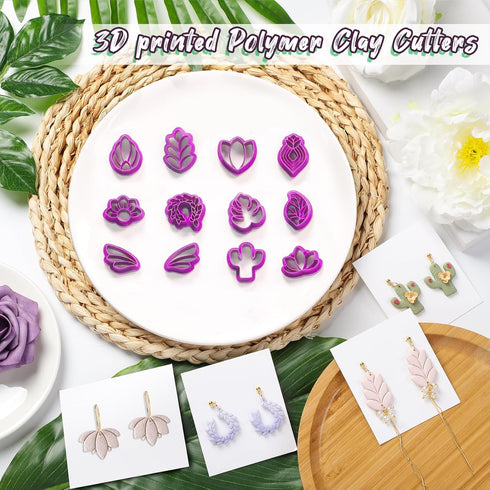 Guiqulai 12 Shapes Floral & Leaf Clay Cutters, Spring Flower Shape Polymer Clay Earrings Cutters, Cactus Clay Cutters for Earrings Making, Small C...