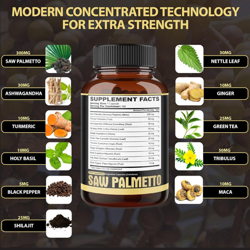 11in1 Saw Palmetto Capsules with Ashwagandha, Turmeric, Tribulus, Maca, Green Tea, Ginger, Holy Basil & More - Healthy Prostate & Hair Support - 1...